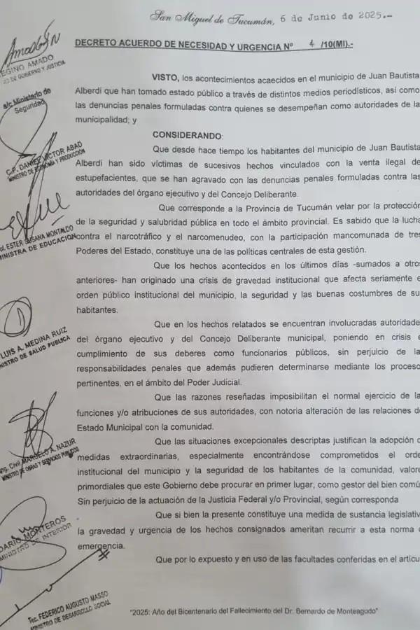 En el decreto, Jaldo justifica la intervención de Alberdi por el avance del narcotráfico