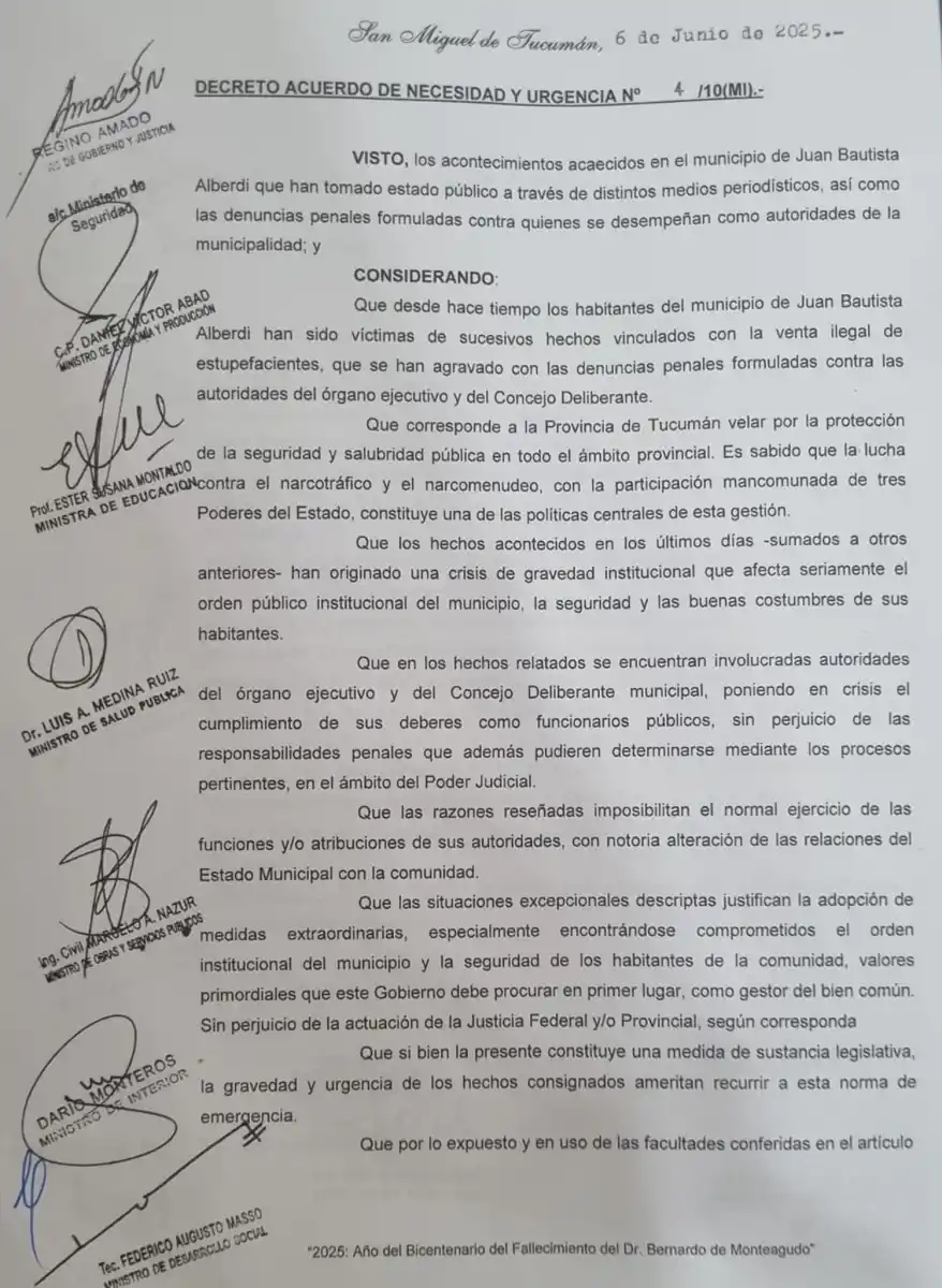 En el decreto, Jaldo justifica la intervención de Alberdi por el avance del narcotráfico