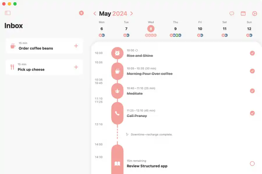 PLANIFICACIÓN PERSONAL. Structured permite ordenar el día en bloques horarios con una interfaz visual que ayuda a seguir rutinas sin estrés.