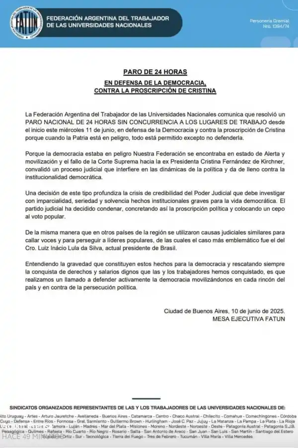 Protesta universitaria: no docentes iniciaron un paro contra la proscripción de Cristina y los docentes, por mejoras salariales