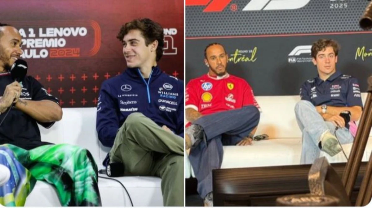 ANTES Y DESPUÉS. A la izquierda, los pilotos en 2024: Hamilton, con su remera de Mercedes Benz; Colapinto, con la de Williams. En 2025, el rojo de Ferrari identifica al británico y al argentino, el azul también como el año pasado, pero con algunos vivos rosas.