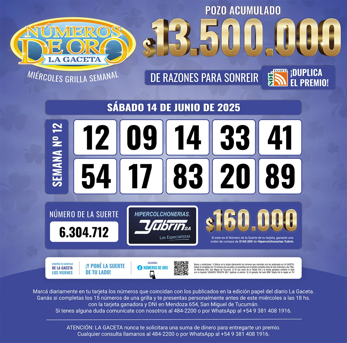 Los Números de Oro de LA GACETA del 14 de junio de 2025