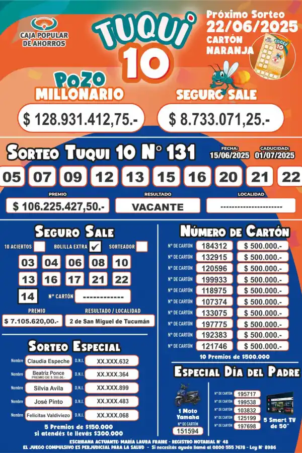 Tuqui 10: ¿cómo salió el sorteo del domingo 15 de junio?