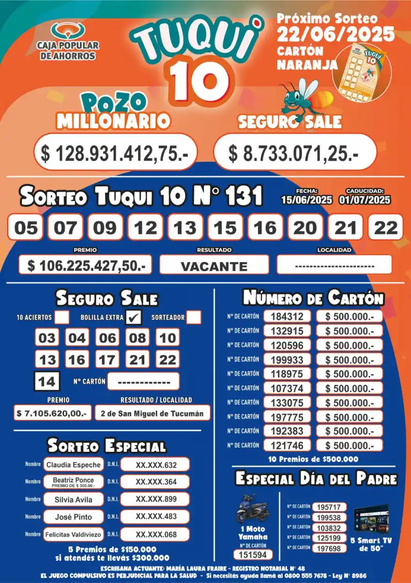 Tuqui 10: ¿cómo salió el sorteo del domingo 15 de junio?