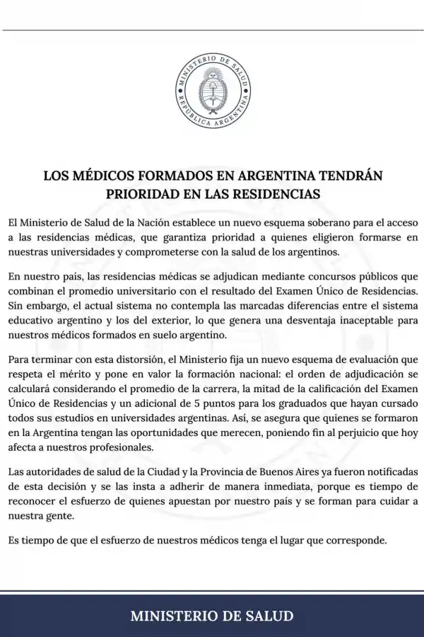 COMUNICADO OFICIAL. Los médicos formados en argentina tendrán prioridad en las residencias.