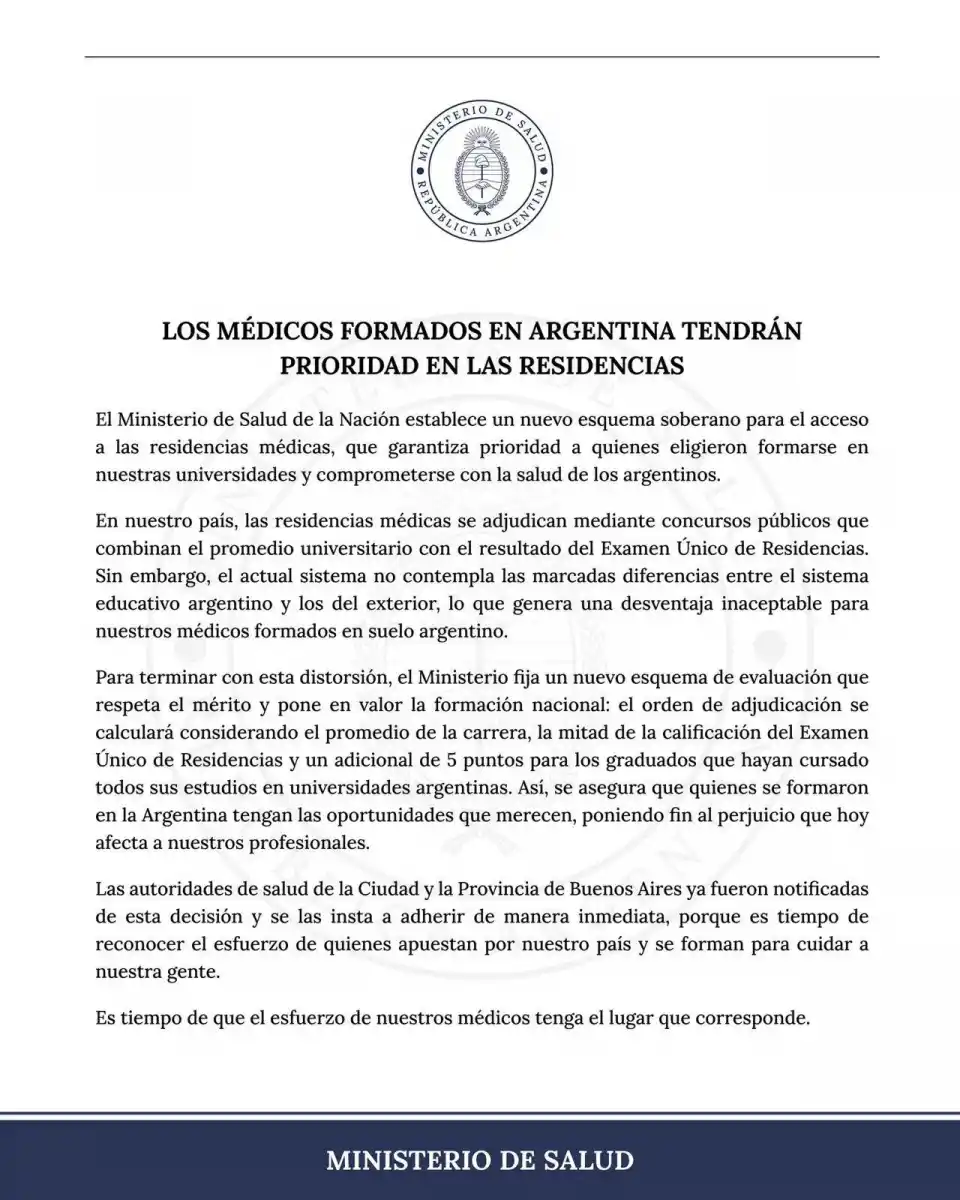 COMUNICADO OFICIAL. Los médicos formados en argentina tendrán prioridad en las residencias.