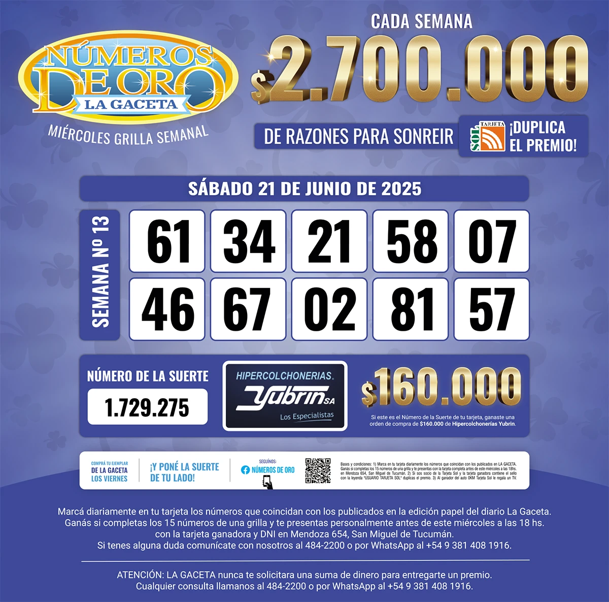 Los Números de Oro de LA GACETA del 21 de junio de 2025