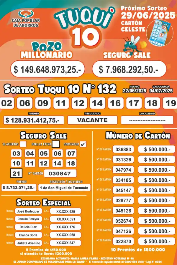 Tuqui 10: ¿cómo salió el sorteo del domingo 22 de junio?