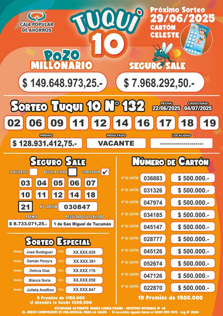 Tuqui 10: ¿cómo salió el sorteo del domingo 22 de junio?