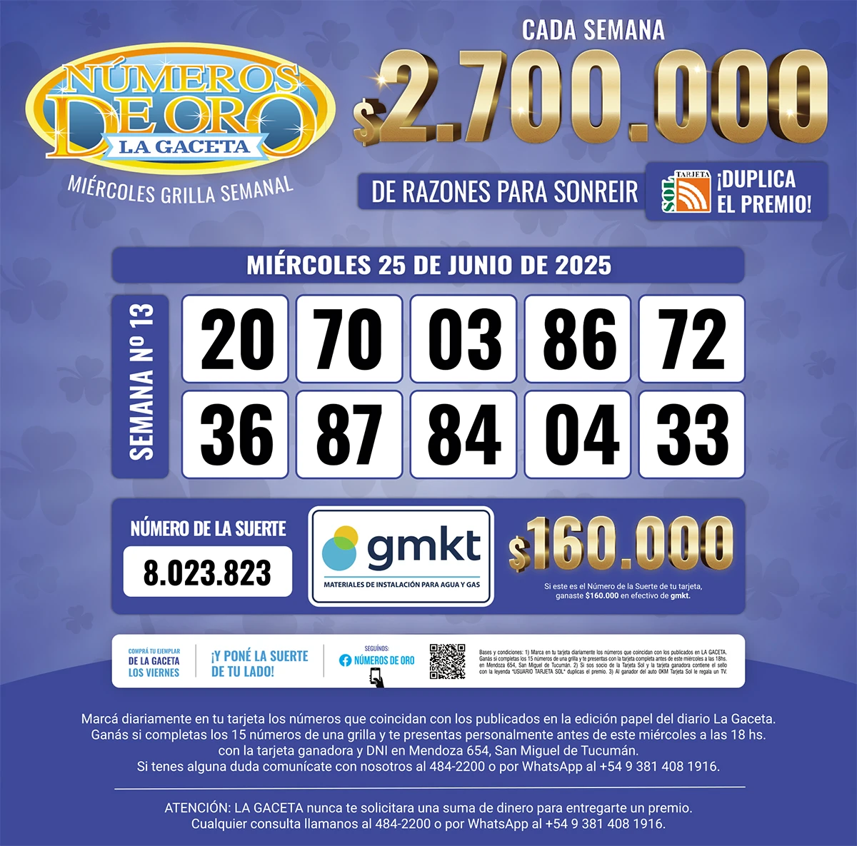 Los Números de Oro de LA GACETA del 25 de junio de 2025