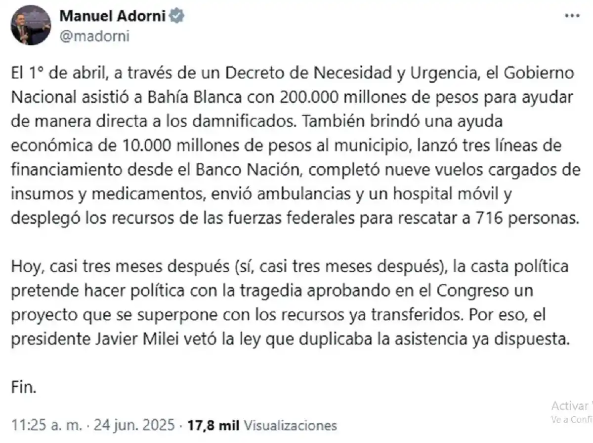 Adorni justificó el veto de la ayuda a Bahía Blanca: La casta pretende hacer política con la tragedia