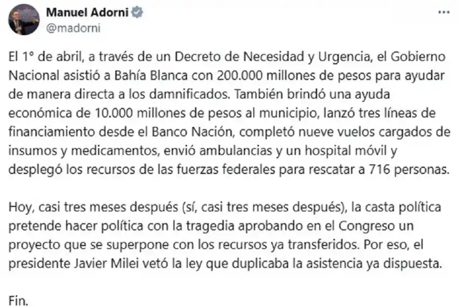Adorni justificó el veto de la ayuda a Bahía Blanca: La casta pretende hacer política con la tragedia