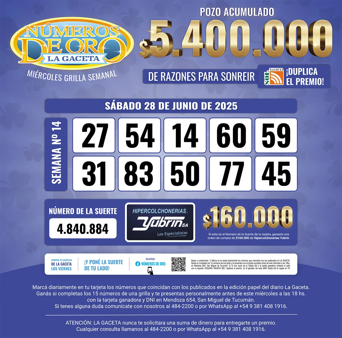 Los Números de Oro de LA GACETA del 28 de junio de 2025