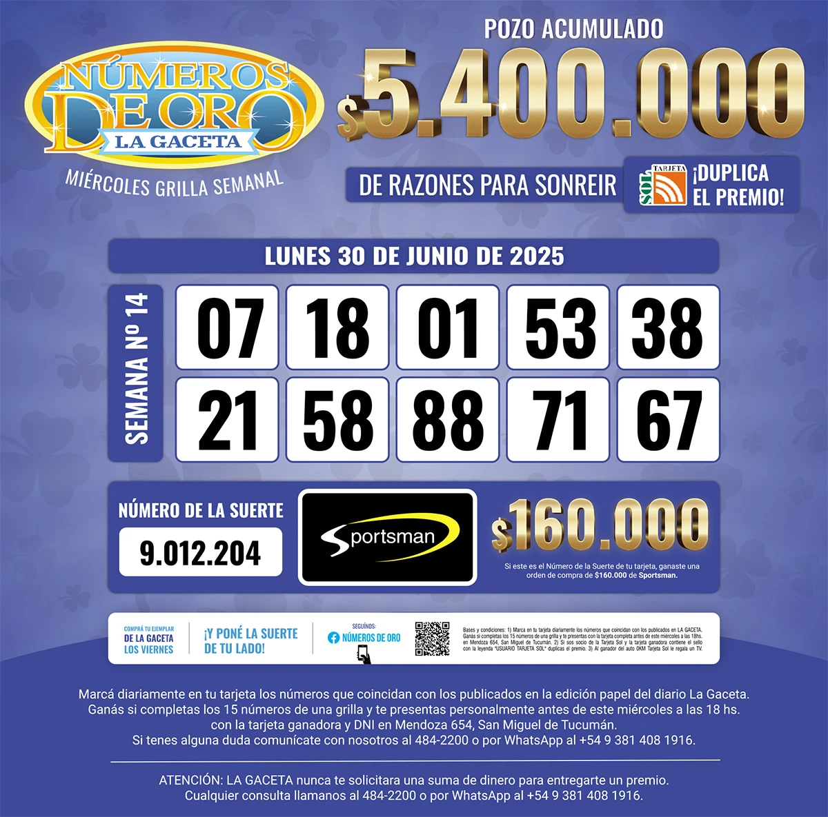 Los Números de Oro de LA GACETA del 30 de junio de 2025