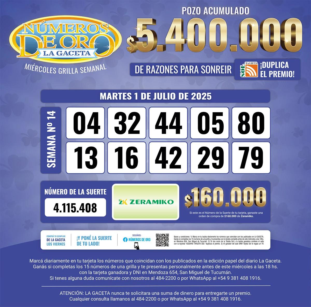Los Números de Oro de LA GACETA del 1 de julio de 2025