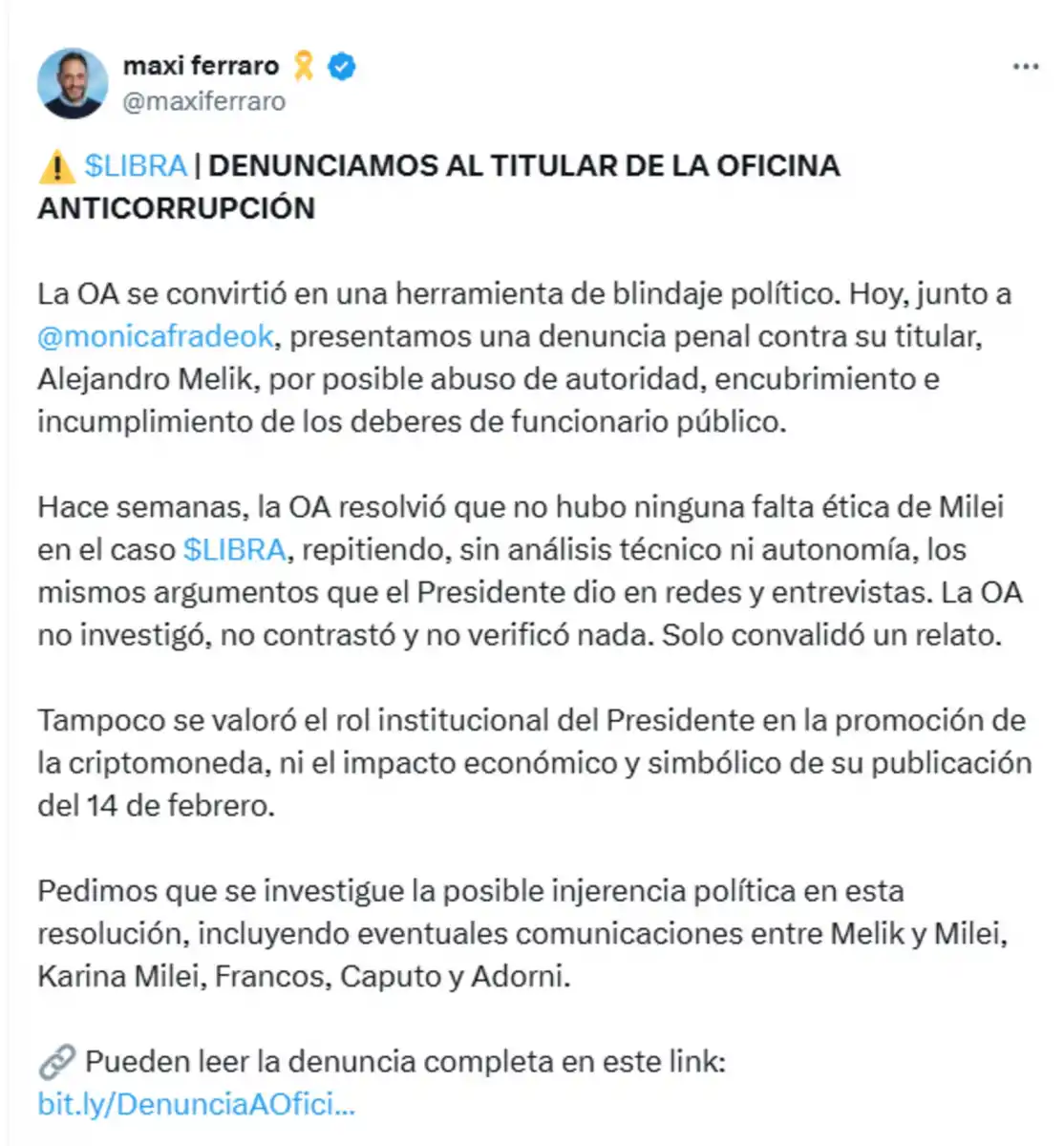 Criptomoneda $Libra: denunciaron al titular de la Oficina de Anticorrupción por exonerar a Milei