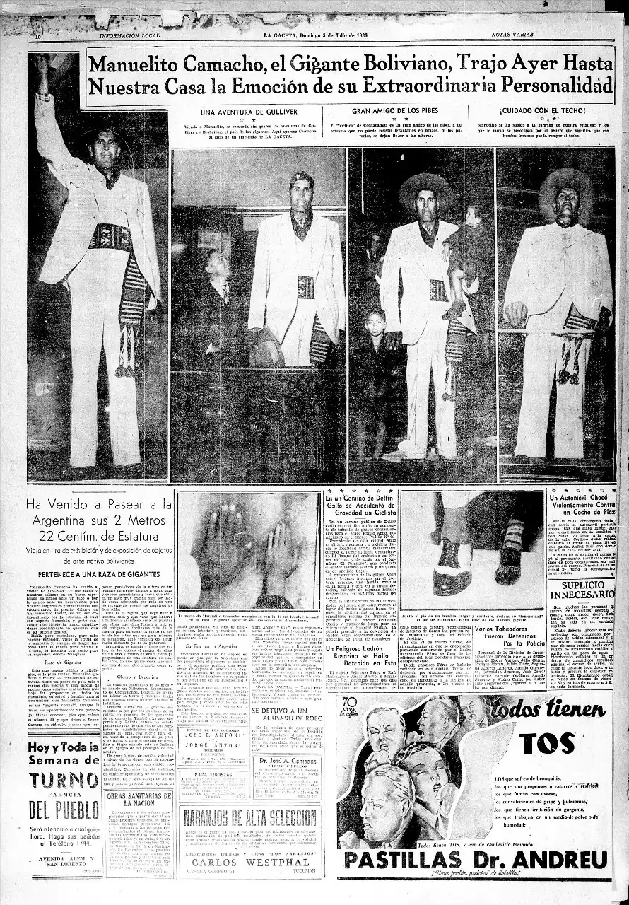 Recuerdos fotográficos: el bondadoso gigante Camacho visita LA GACETA en 1936