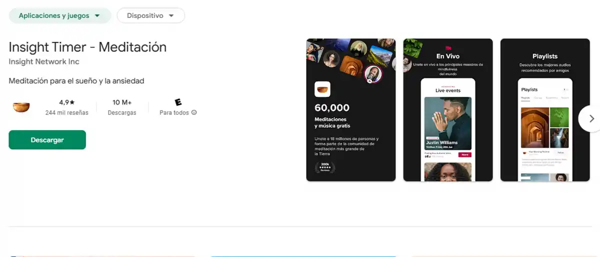 INSIGHT TIMER. Funciona como una gran biblioteca de bienestar, con miles de audios gratuitos para meditar, practicar yoga, respirar conscientemente o dormir mejor. / CAPTURA DE PANTALLA