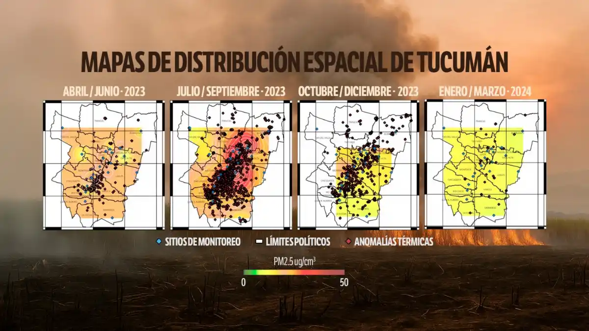 El mapa  confeccionado por el Laboratorio de Estudios Atmosféricos muestra la progresión de contaminación y focos de incendios a lo largo del año.