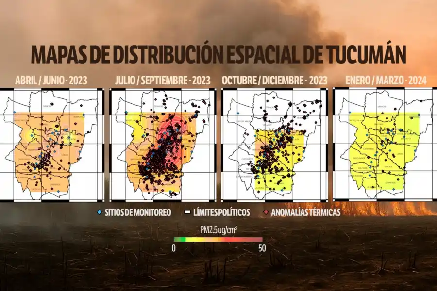El mapa  confeccionado por el Laboratorio de Estudios Atmosféricos muestra la progresión de contaminación y focos de incendios a lo largo del año.
