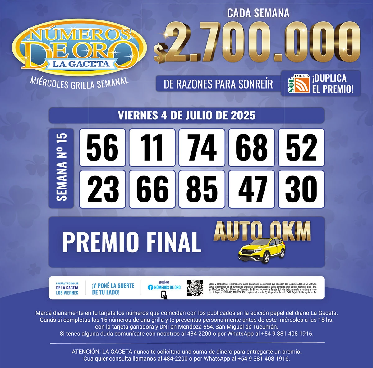 Los Números de Oro de LA GACETA del 4 de julio de 2025