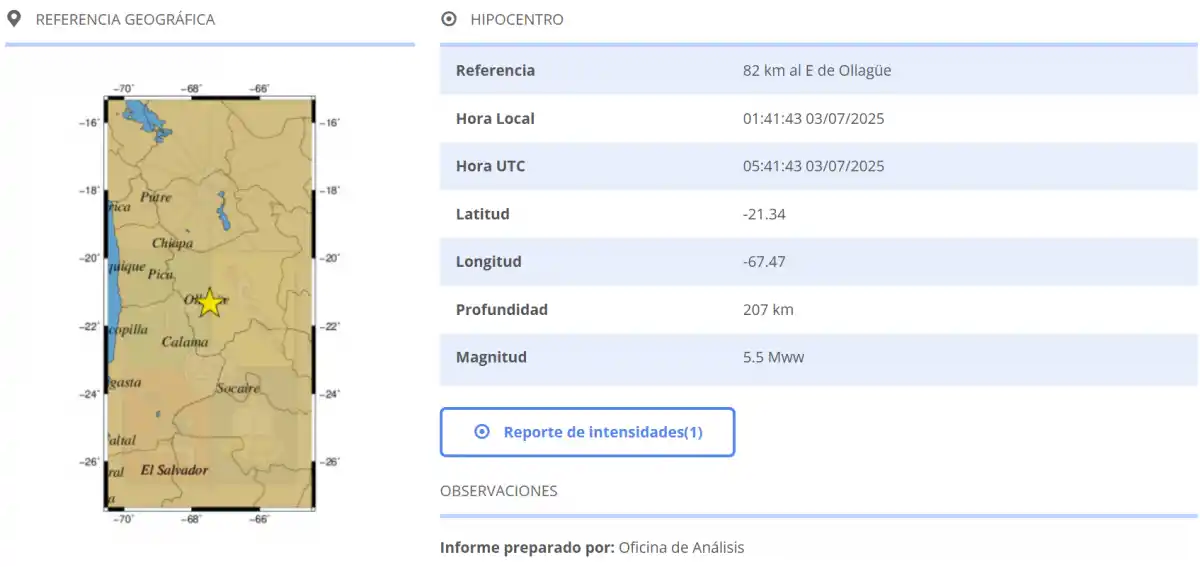 Un temblor de magnitud 5,5 sacudió la zona norte de Chile durante la madrugada