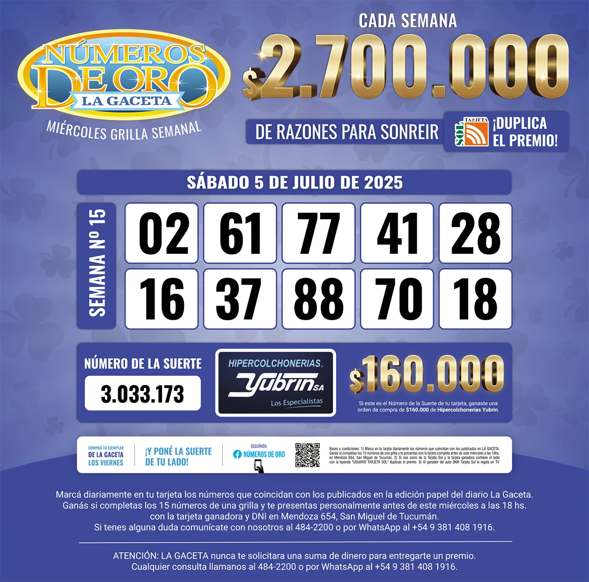 Los Números de Oro de LA GACETA del 5 de julio de 2025