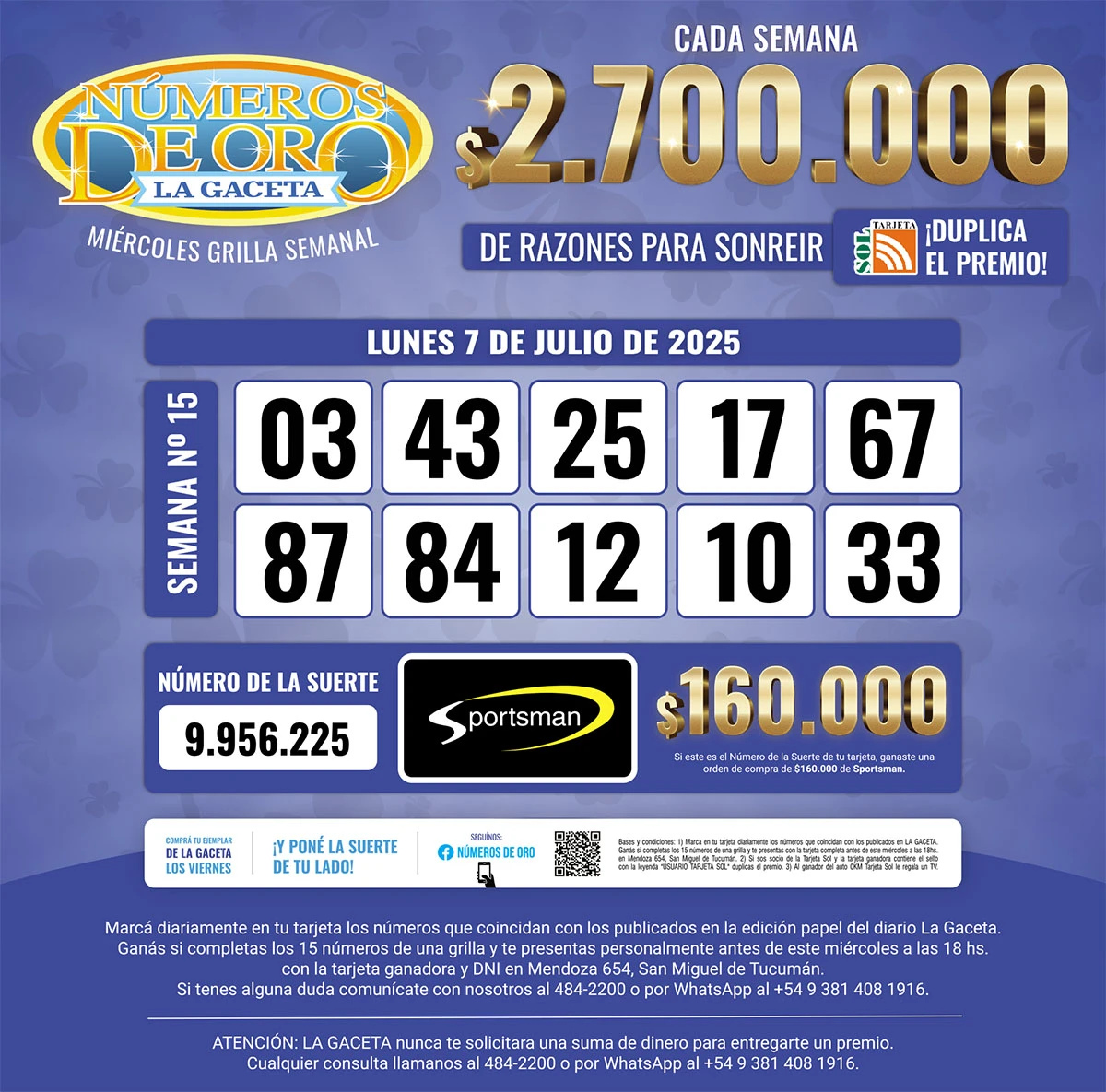Los Números de Oro de LA GACETA del 7 de julio de 2025