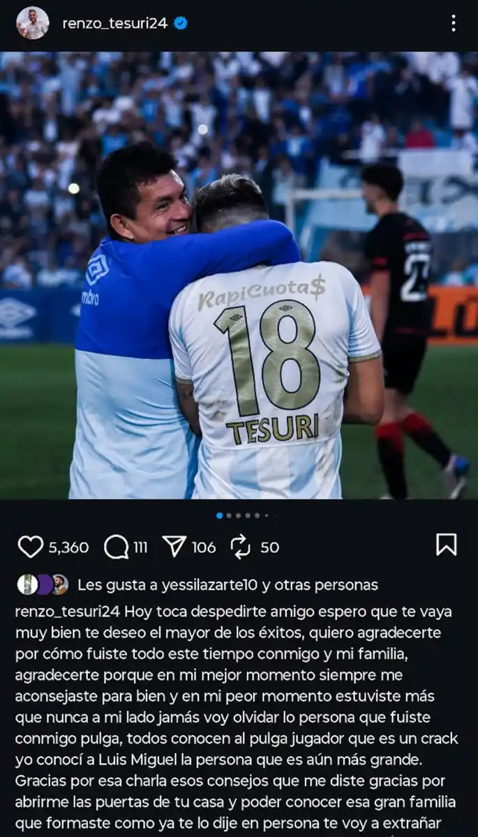 La emotiva despedida de Renzo Tesuri a Pulga Rodríguez: Te voy a extrañar