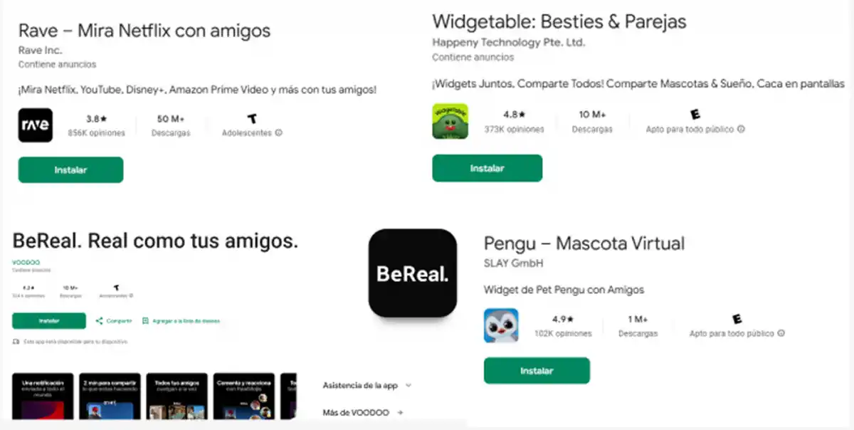 AMISTAD DIGITAL. Rave, BeReal, Widgetable y Pengu son algunos ejemplos de apps para compartir con amigos. / CAPTURA DE PANTALLA