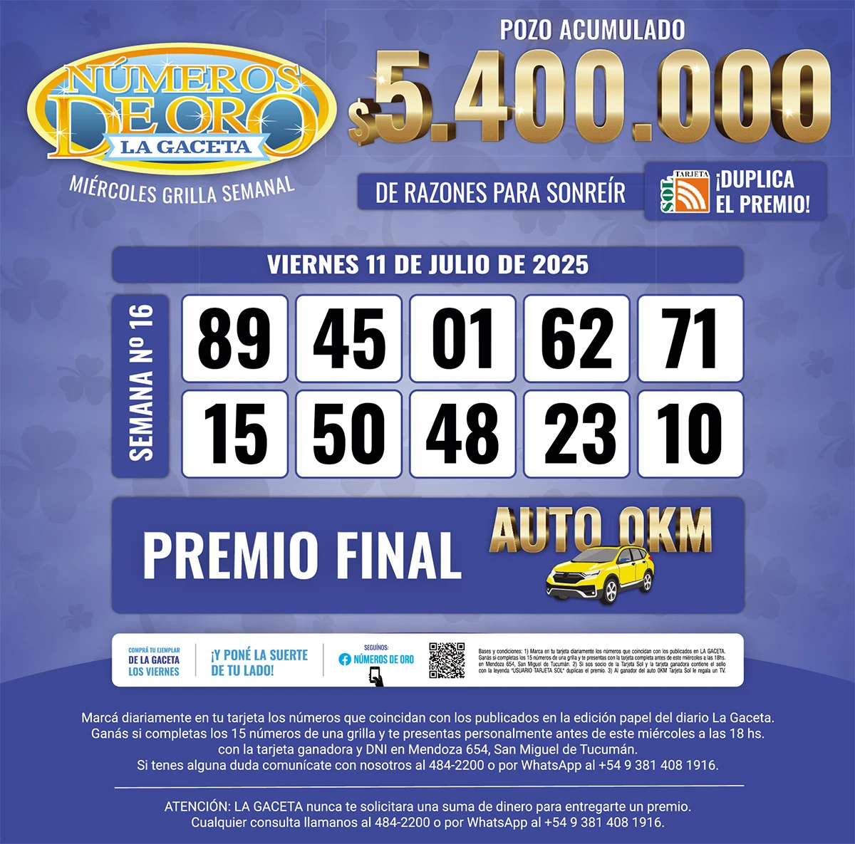Los Números de Oro de LA GACETA del 11 de julio de 2025
