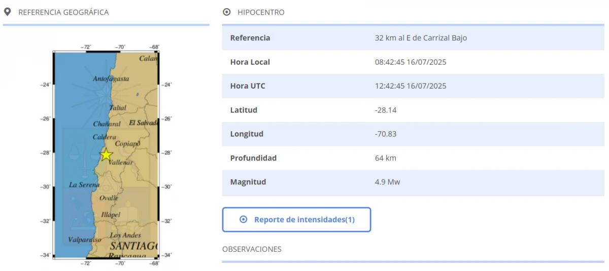 Fuerte sismo en Atacama: descartan riesgo de tsunami tras temblor de magnitud 4,9