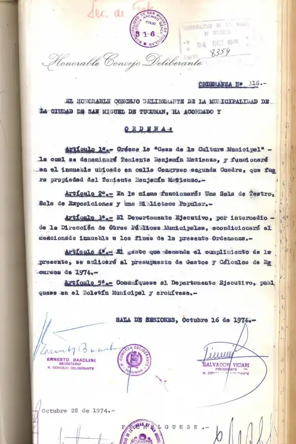 ORDENANZA DE 1974. Disponía la creación de una Casa de Cultura Municipal (gentileza del concejal Gustavo Cobos).
