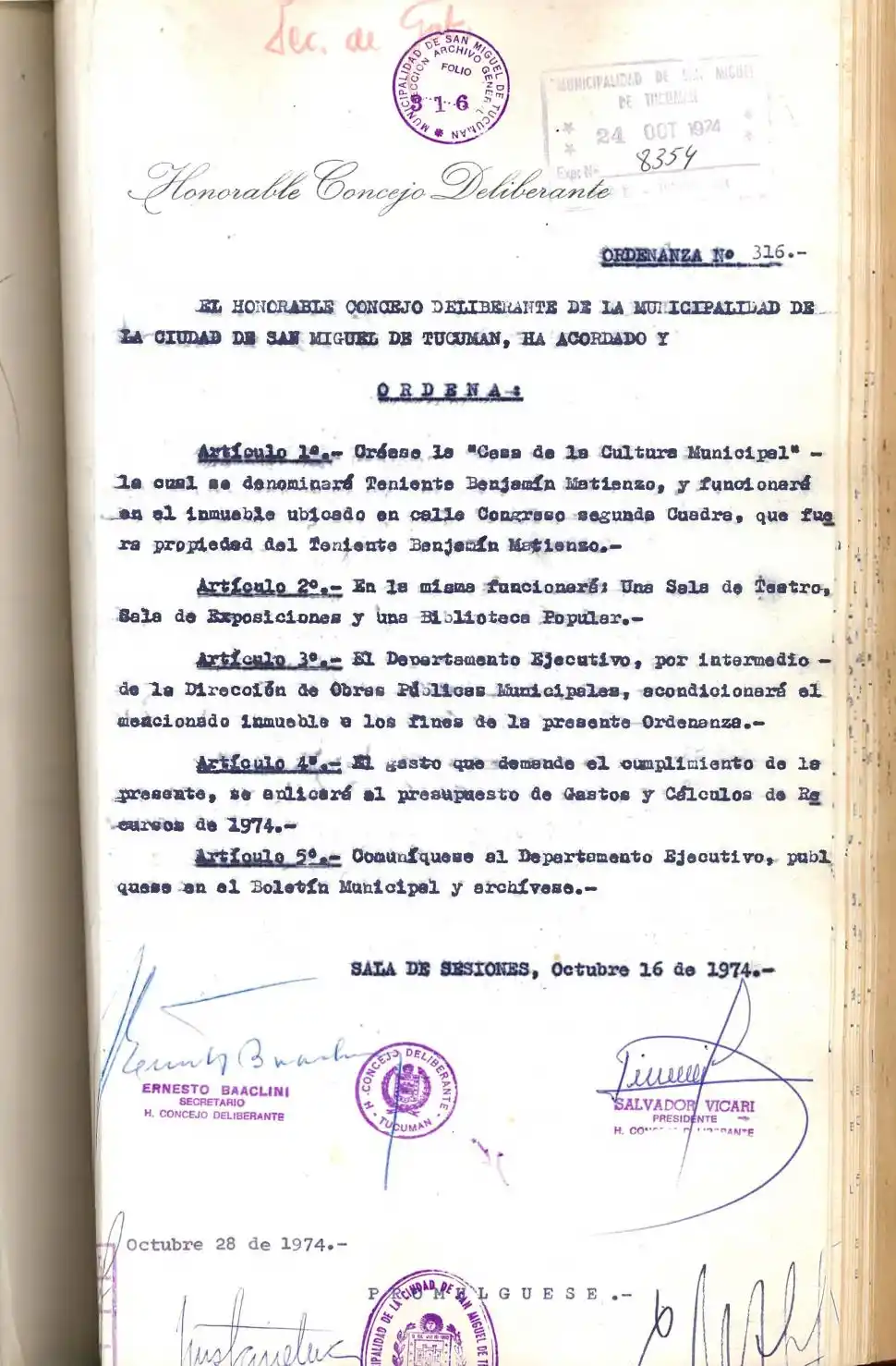 ORDENANZA DE 1974. Disponía la creación de una Casa de Cultura Municipal (gentileza del concejal Gustavo Cobos).