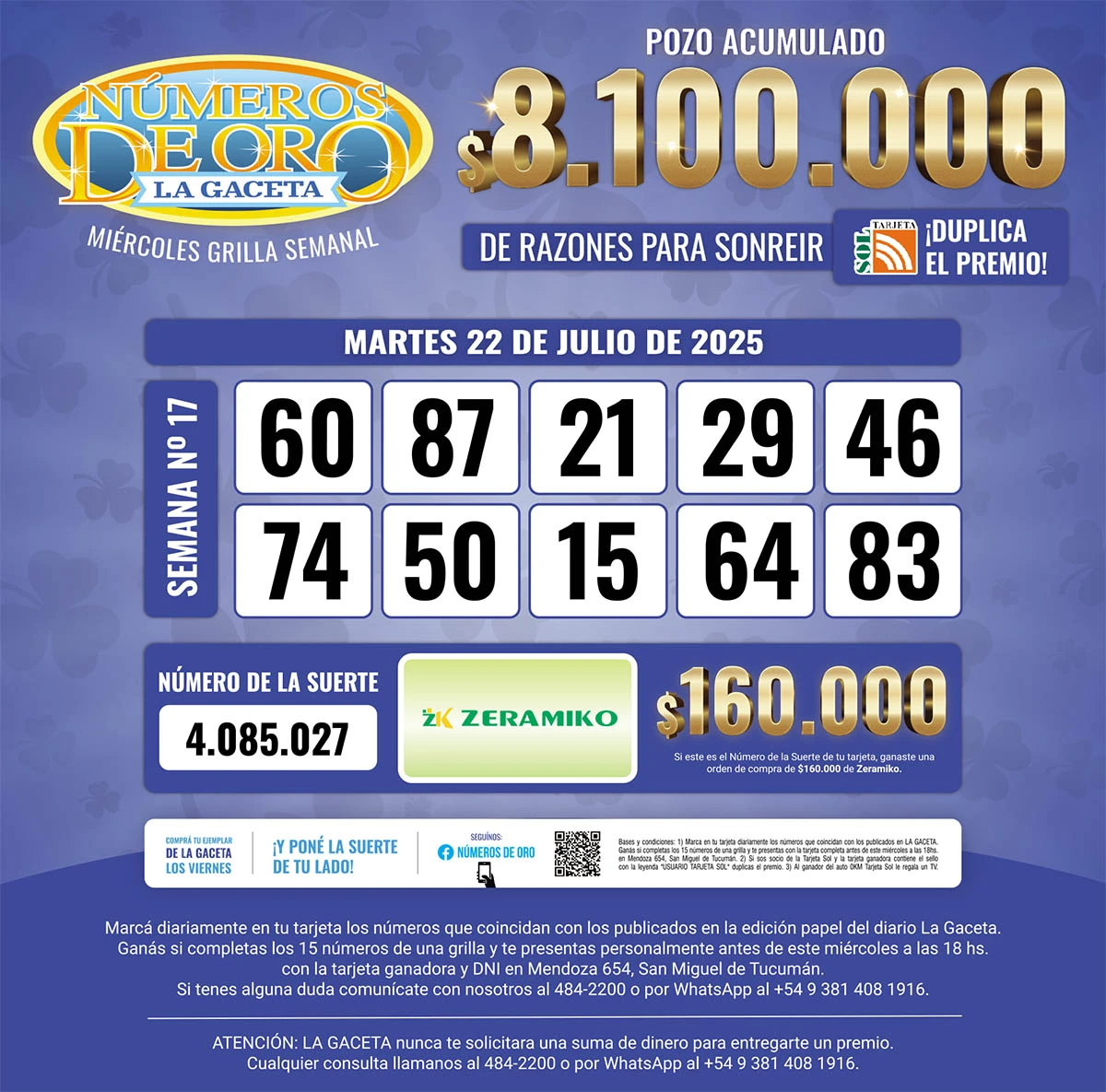 Los Números de Oro de LA GACETA del 22 de julio de 2025