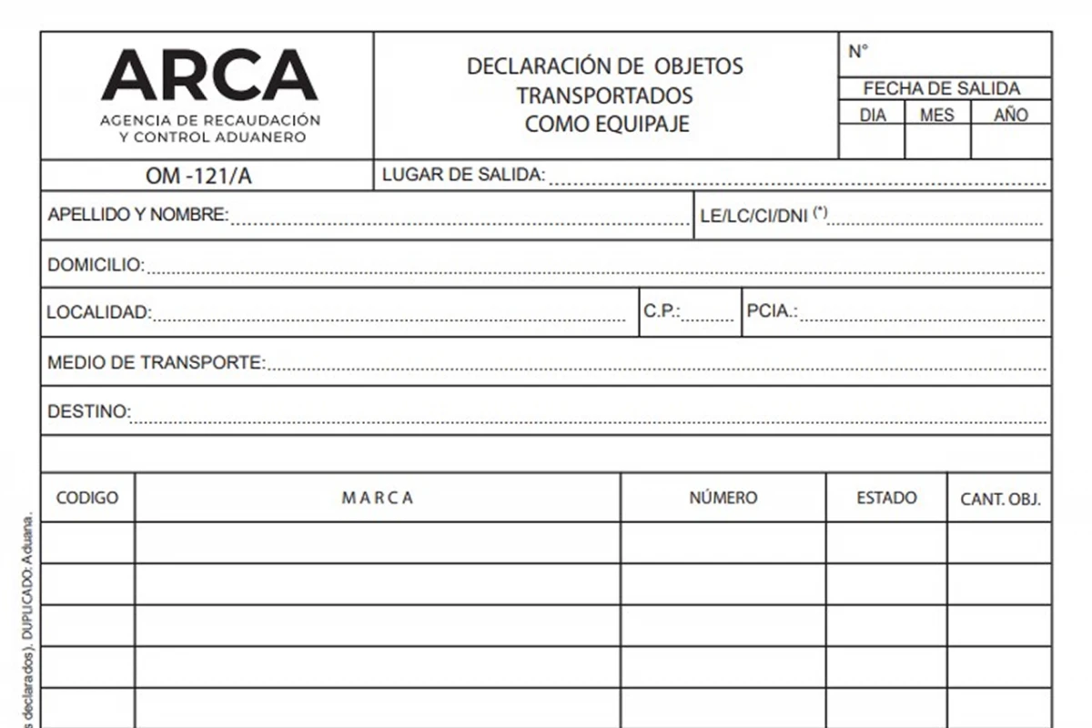 FORMULARIO OM 121. Este documento permite declarar objetos que se tenían antes de viajar al exterior. / CAPTURA DE PANTALLA