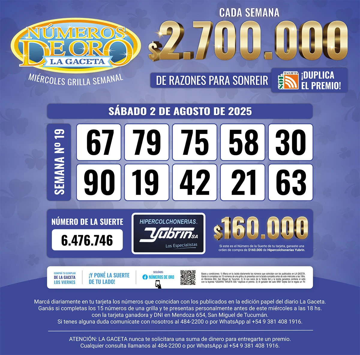 Los Números de Oro de LA GACETA del 2 de agosto de 2025