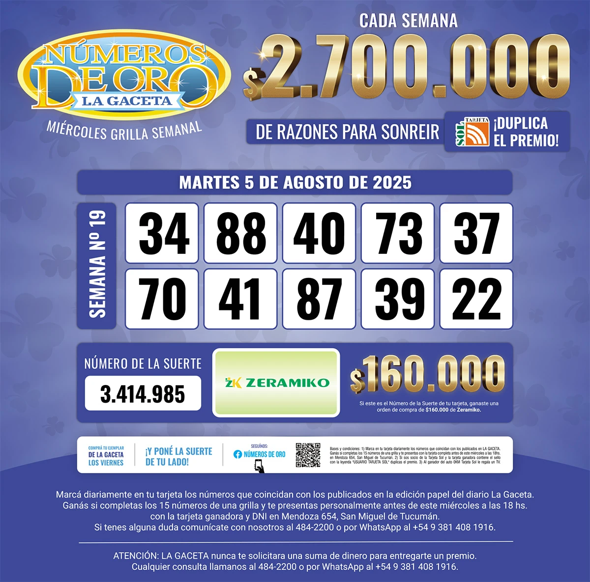 Los Números de Oro de LA GACETA del 5 de agosto de 2025
