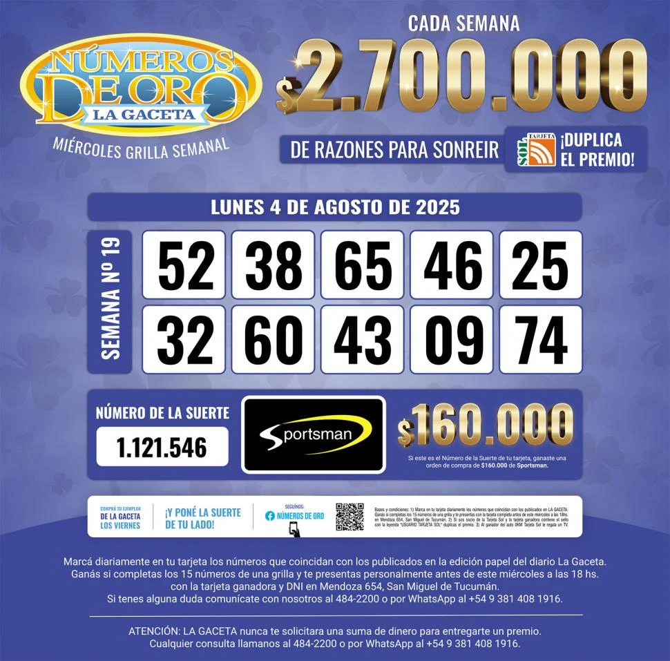 Los Números de Oro de LA GACETA del 4 de agosto de 2025