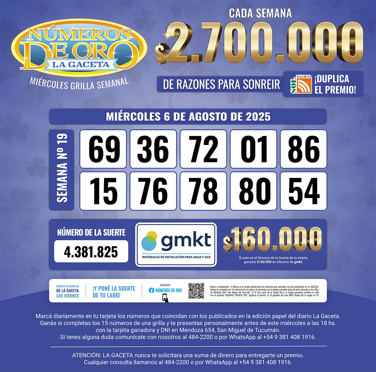 Los Números de Oro de LA GACETA del 6 de agosto de 2025