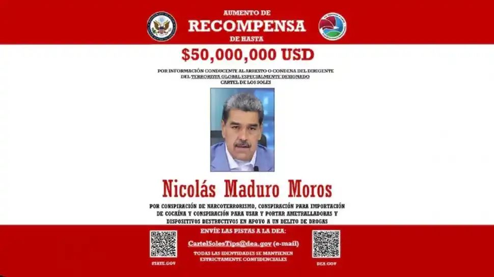 RECOMPENSA. Ofrecen U$S50 millones por información sobre Maduro.