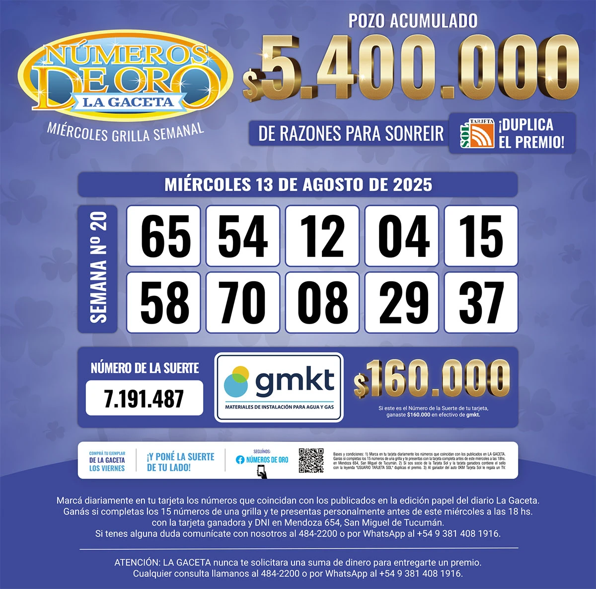 Los Números de Oro de LA GACETA del 13 de agosto de 2025