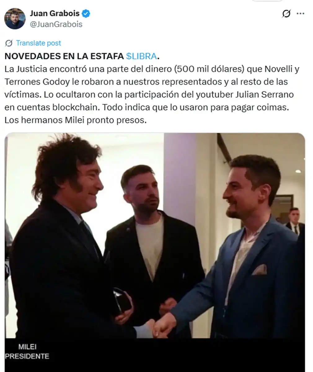 Grabois acusó a Julián Serrano de cubrir el caso $Libra y guardar miles de dólares