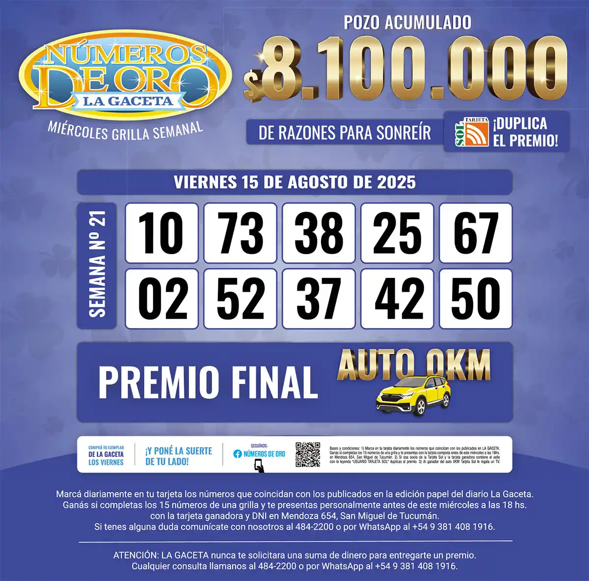 Los Números de Oro de LA GACETA del 15 de agosto de 2025