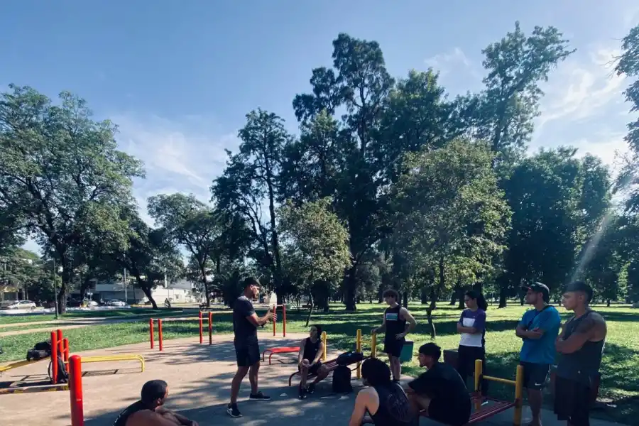 COMUNIDAD ACTIVA. Miguel Palacios entrena junto a otros atletas de calistenia en el parque 9 de Julio, uno de los puntos de encuentro más elegidos.