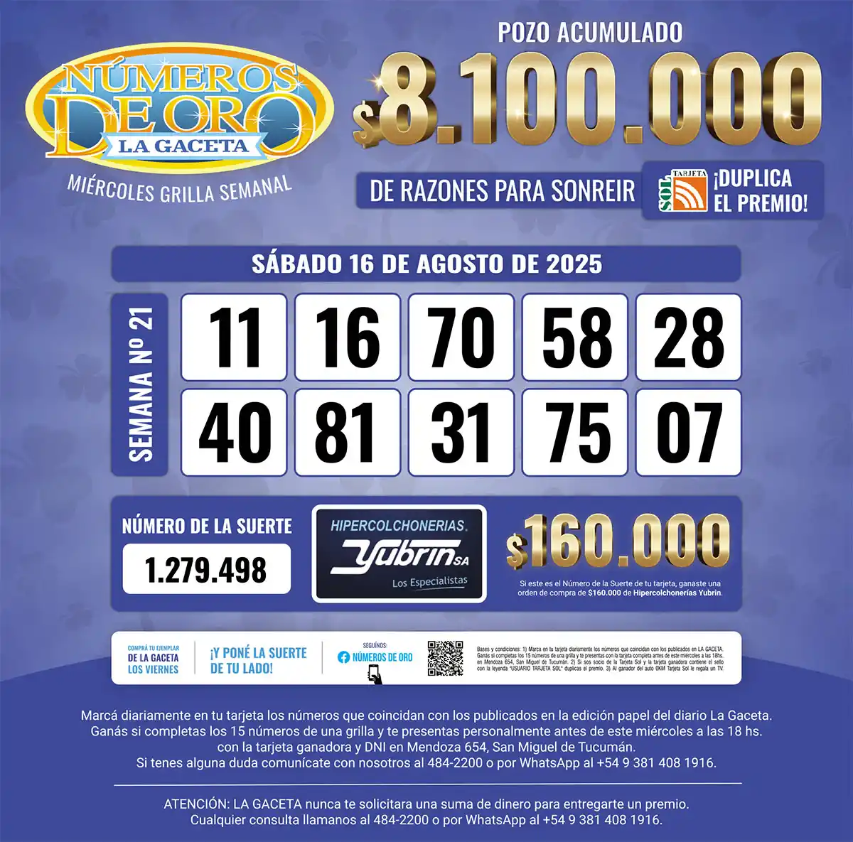 Los Números de Oro de LA GACETA del 16 de agosto de 2025
