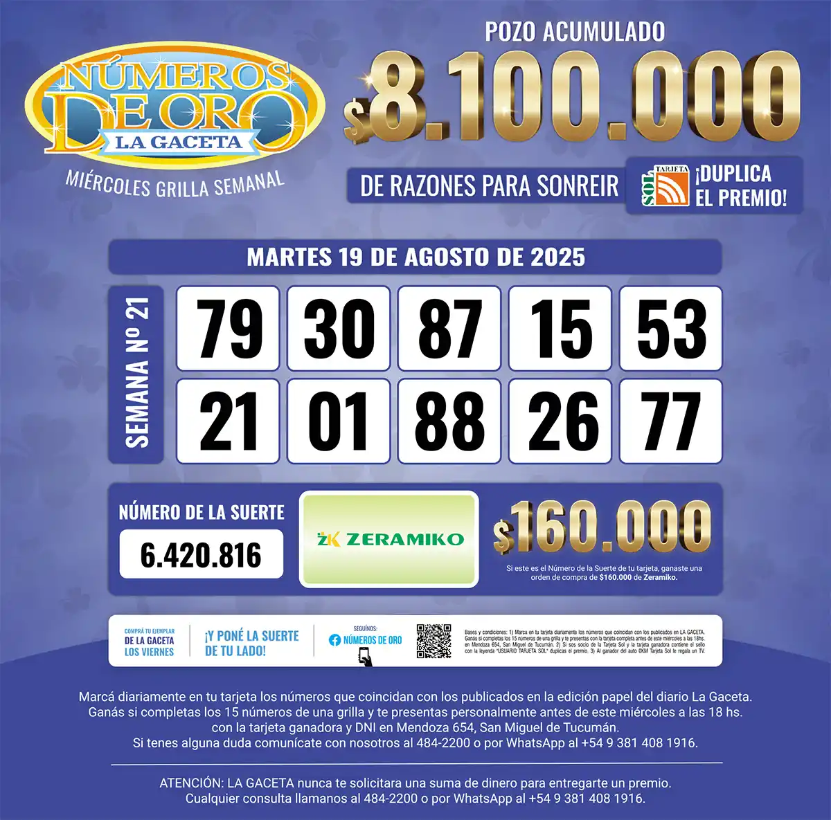 Los Números de Oro de LA GACETA del 19 de agosto de 2025