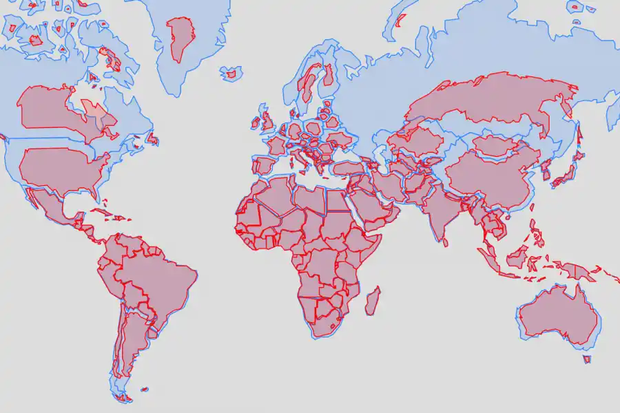 COMPARACIÓN. El trazo en rojo corresponde al mapa Equal Earth y el azul al Mercator, el más difundido y que exagera algunas latitudes. / REDDIT