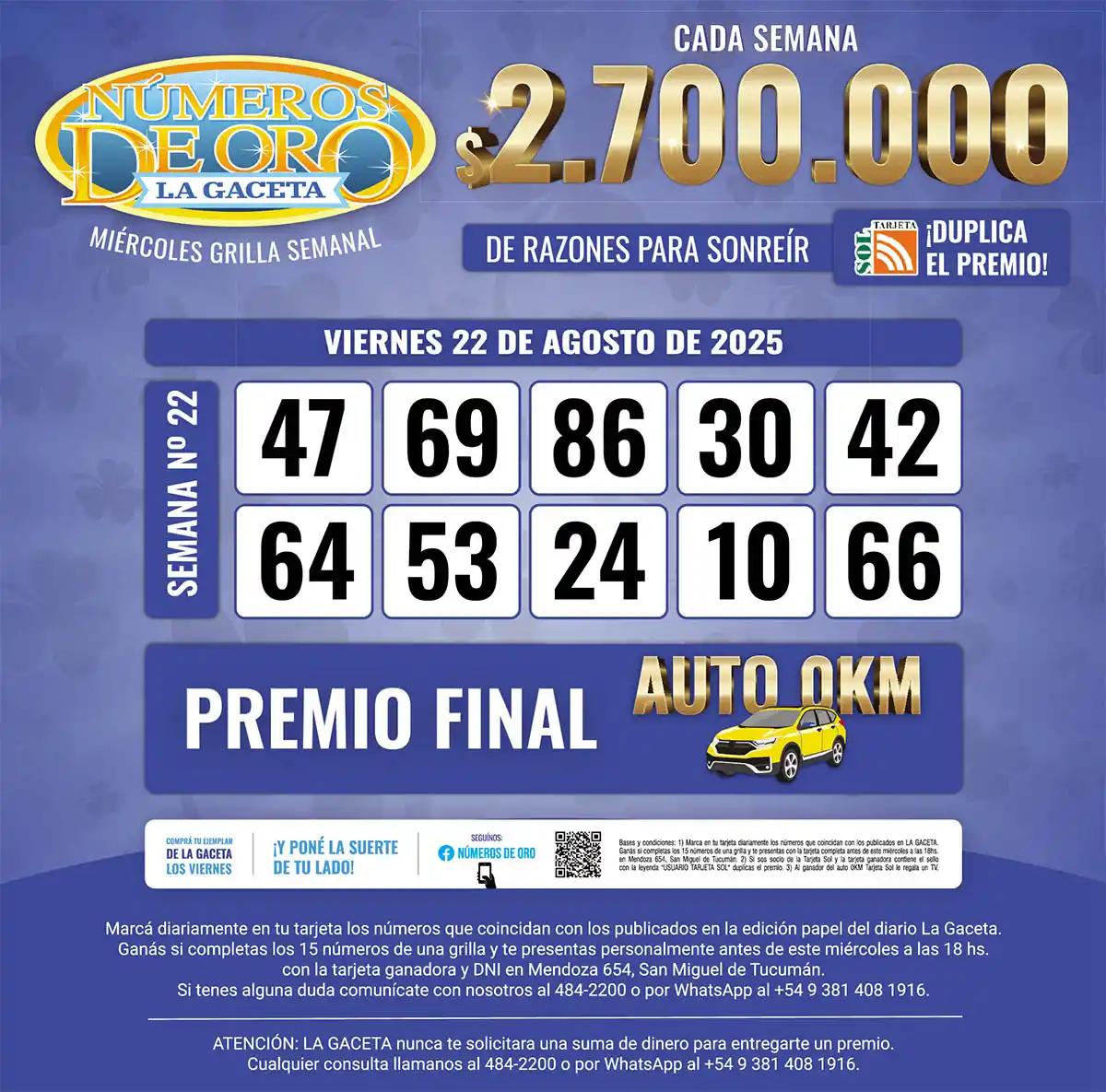 Los Números de Oro de LA GACETA del 22 de agosto de 2025