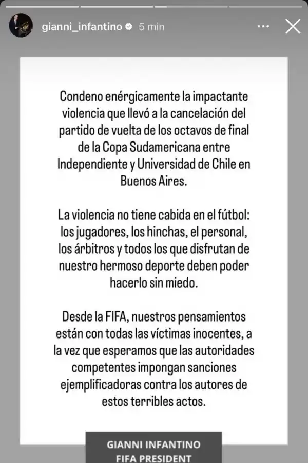 El fútbol debe vivirse sin miedo”: Infantino lanzó un fuerte comunicado tras la violencia en Avellaneda